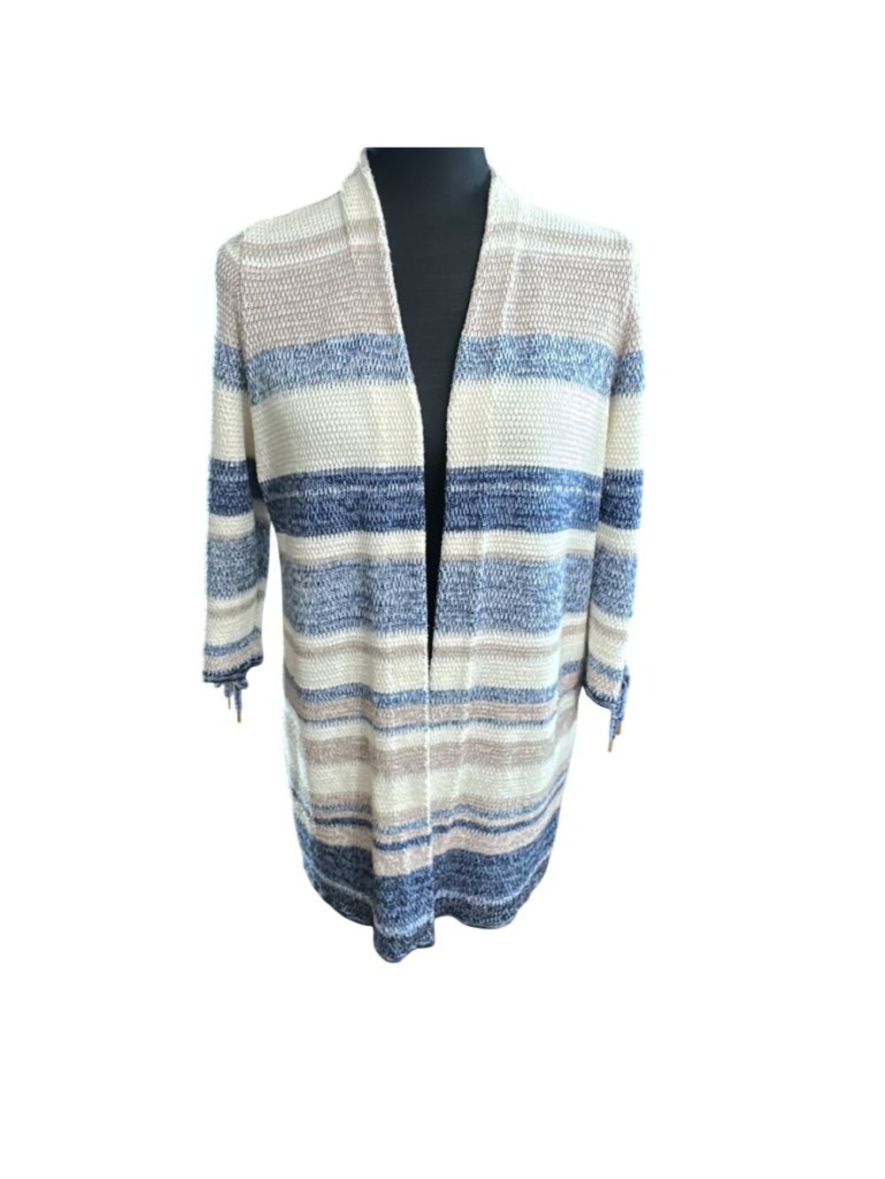 Chico's Cardigan Duster Size 0 S Petite Blue Cream Striped Lace-Up Sleeve Detail